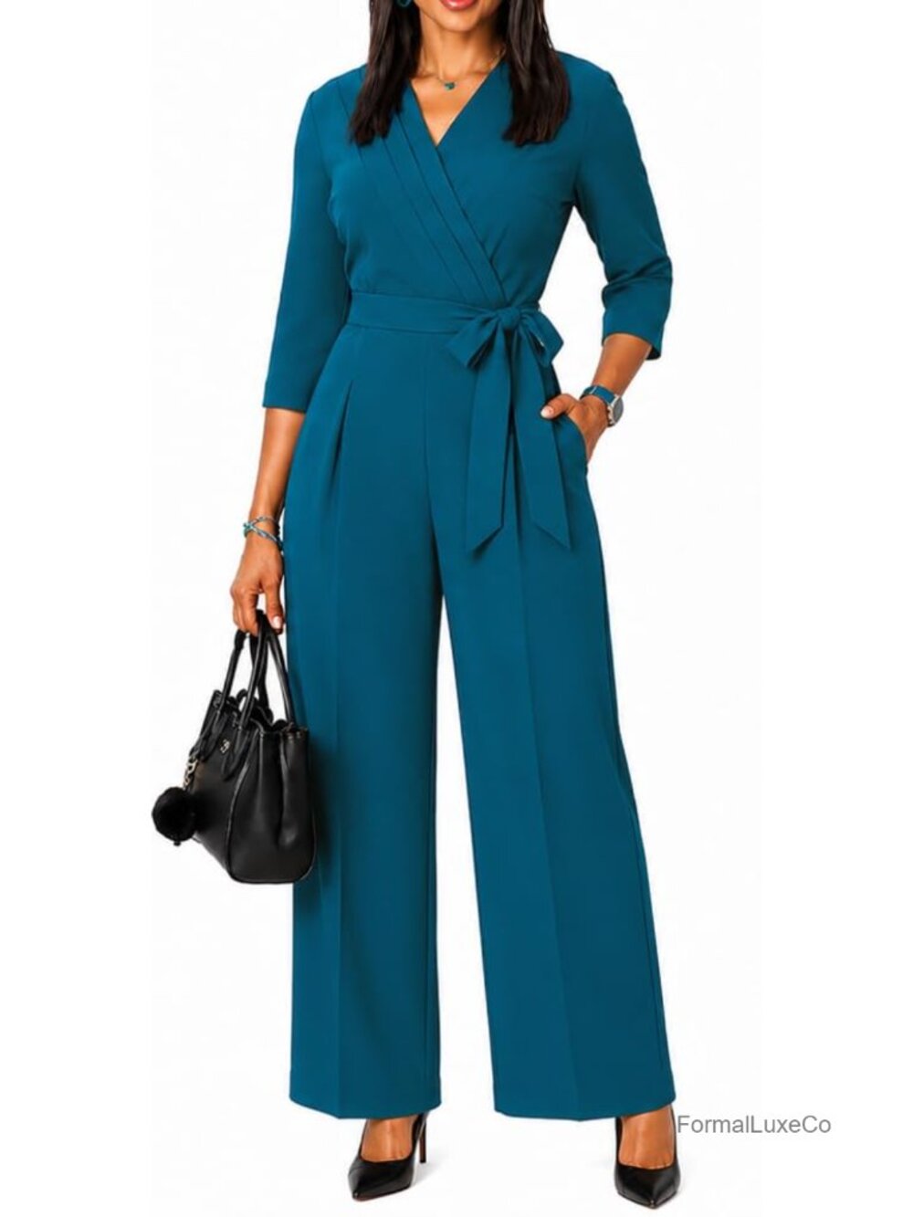 Women's Wide Leg Jumpsuit V-Neck 3/4 Sleeve Belted Business Casual One Piece